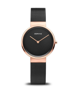 Montre femme noire et or rose Bering – Élégance minimaliste au Maroc