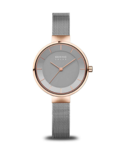 Montre Femme Solaire Bering – Bracelet Maille Acier & Boîtier Doré Rose