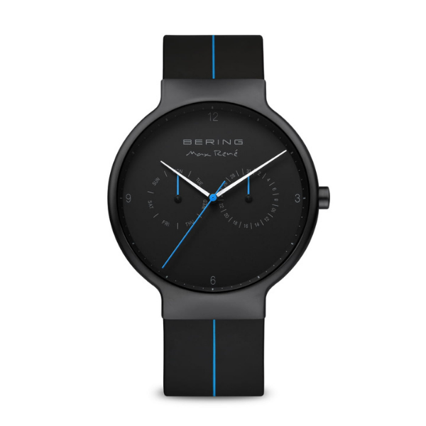 Montre Bering Mon René - Design Noir Minimaliste avec Accents Bleus